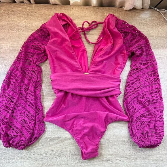 New PatBo Crochet Long Sleeve Plunge One Piece Swimsuit Swim V Neck Pink Magenta - Picture 6 of 15